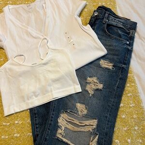 GAP White Top and Distressed Blue Jeans Set